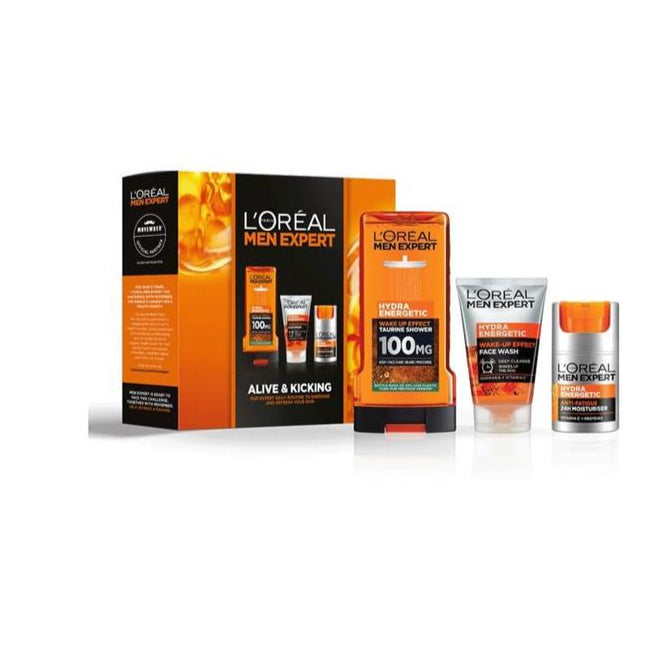 L’Oréal Men Expert Alive & Kicking trio boxed — Hydra Energetic shower gel, wake-up face wash and anti-fatigue moisturiser gift set.