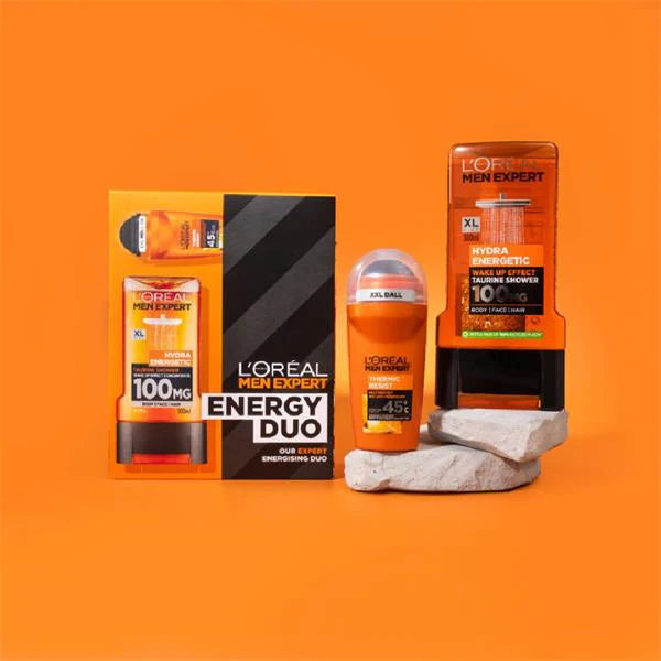 L’Oréal Men Expert shower gel 300ml close-up — Hydra Energetic multi-use body, face & hair formula with taurine.