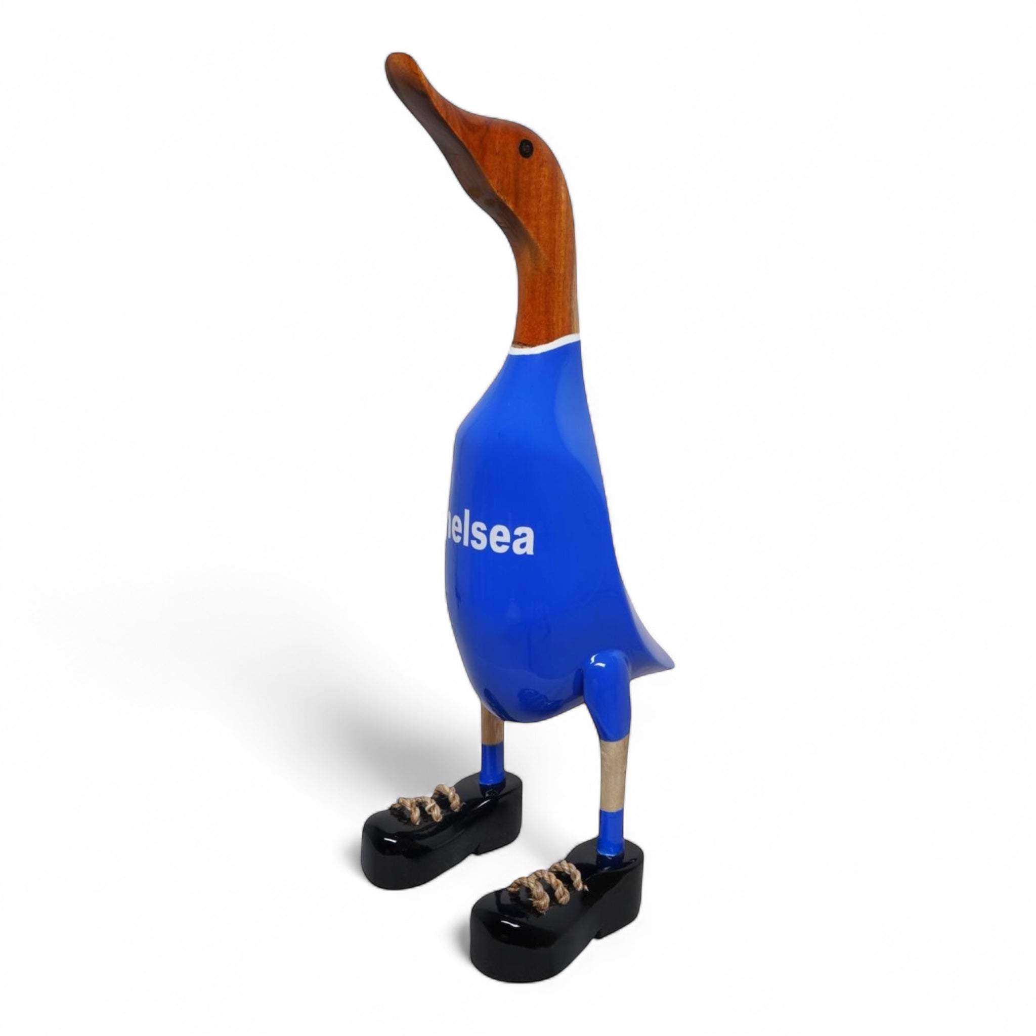 Lucky Ducks Chelsea supporter duck in blue football jersey