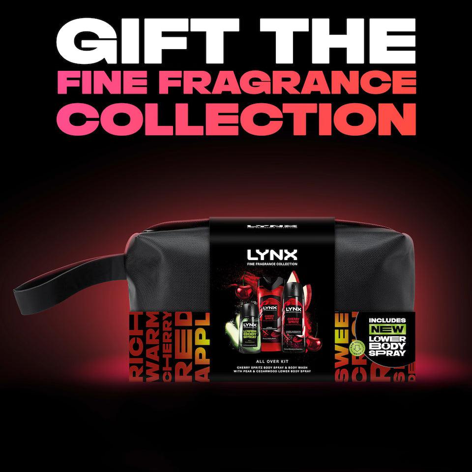 Lynx Cherry Spritz body wash  and 72h body spray close-up — 12-hour freshness and long-lasting odour protection.