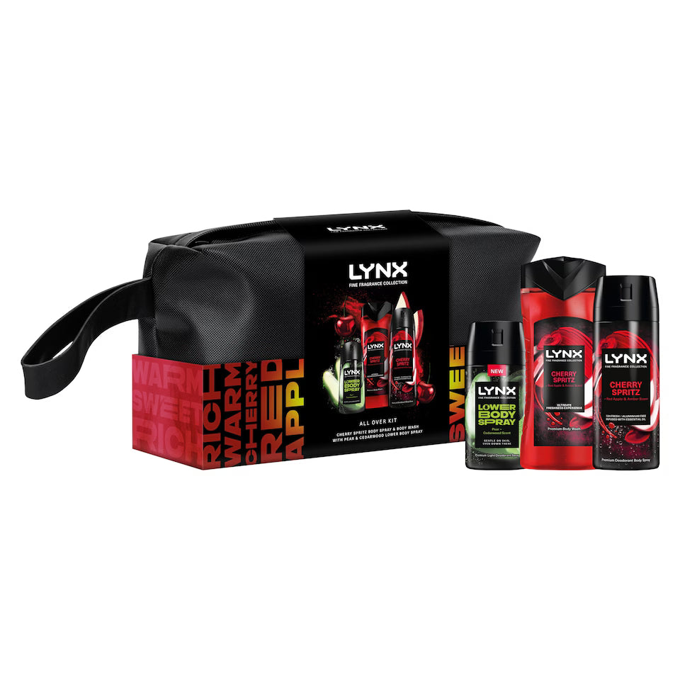 Lynx Wash Bag Collection gift set — Cherry Spritz body wash & body spray with Pear + Cedarwood lower body spray in wash bag.
