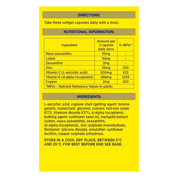 Supplement facts label of MacuShield Gold showing ingredients and dosage