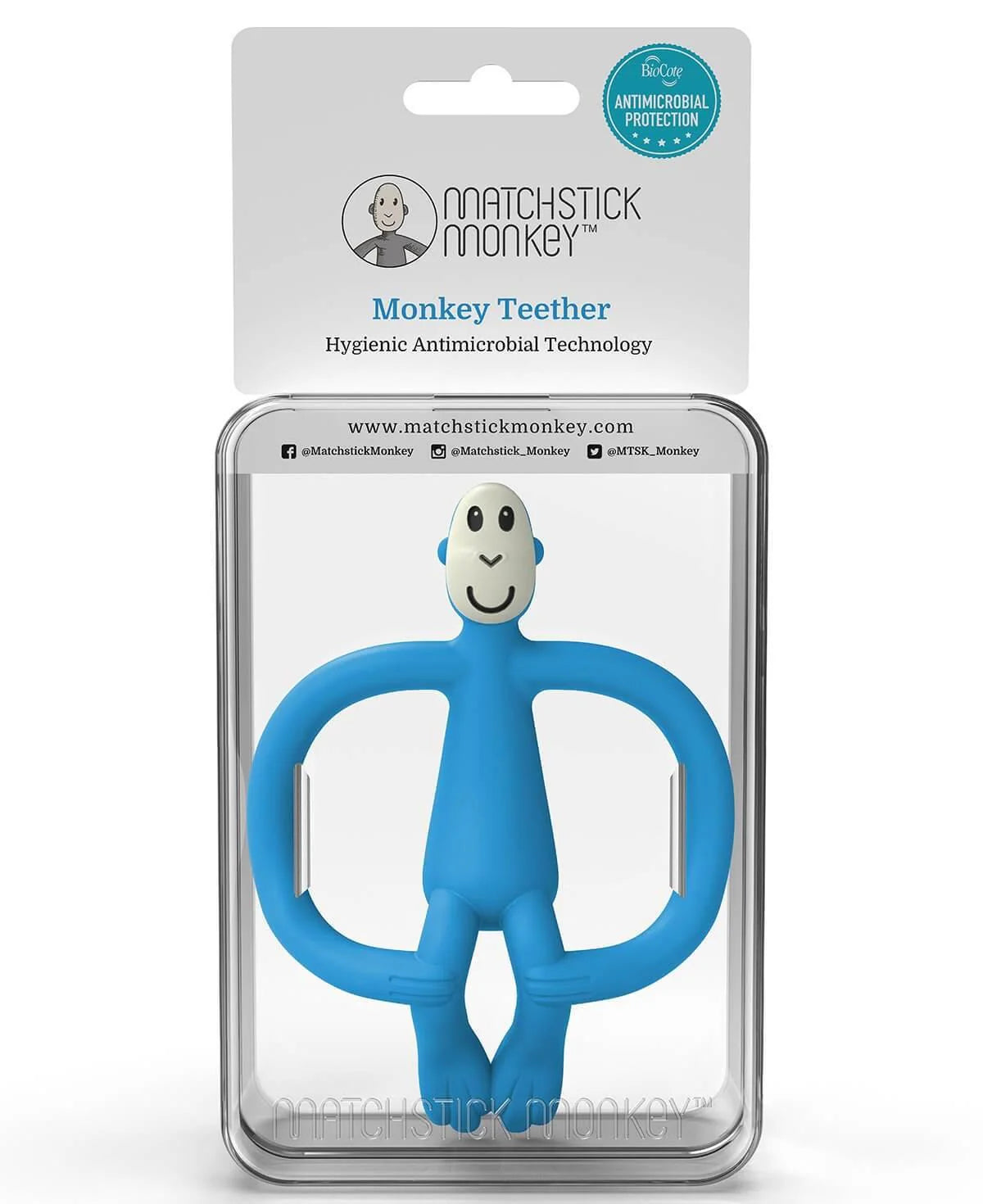 Matchstick Monkey Blue Silicone Baby Teether with ergonomic grip