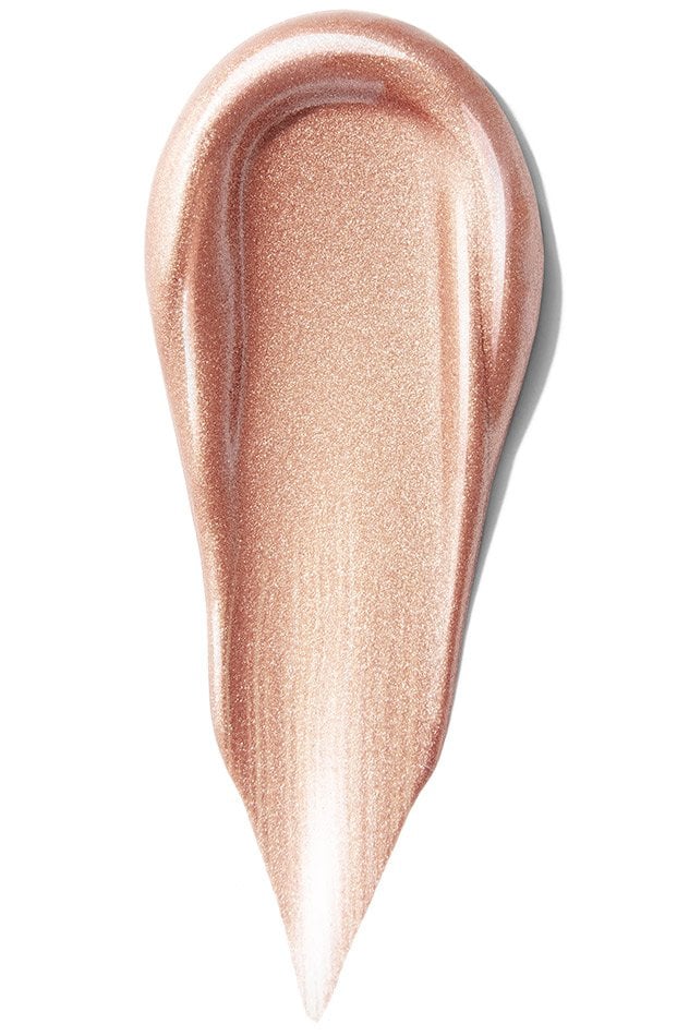 Rose gold liquid highlighter swatch with diamond-dust shimmer fini