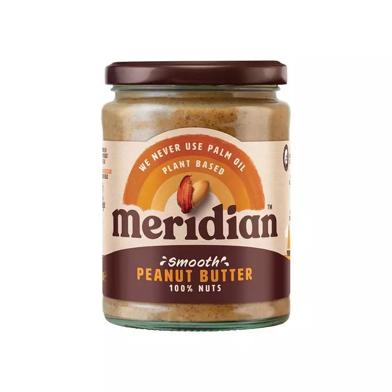 Meridian Smooth Peanut Butter 280g jar on pale wooden board — 100% roasted peanuts, vegan.
