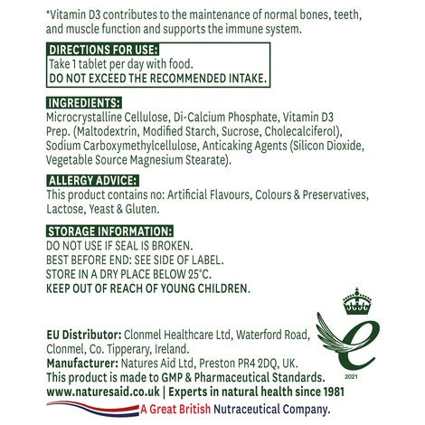 Natures Aid Vitamin D3 1000iu High Strength Tablets (25mcg) - 90 Tbs