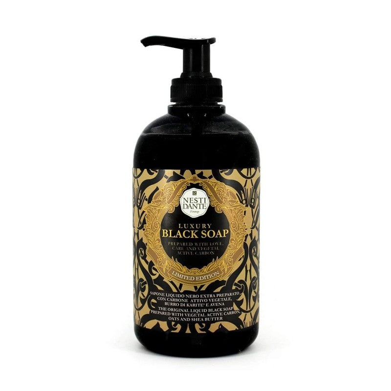 Nesti Dante Luxury Black Liquid Face and Body Soap 500ml bottle with active carbon, vegan-friendly Italian skincare