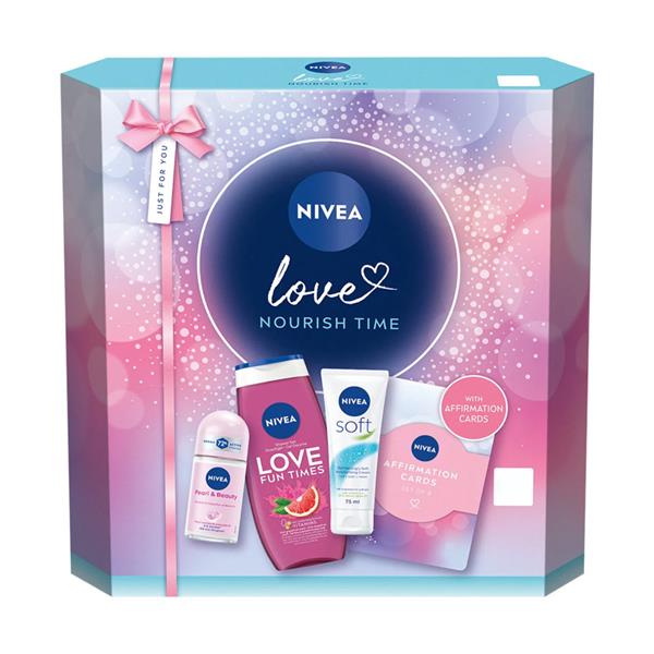 NIVEA Love Nourish Time gift set — grapefruit shower gel 250ml, anti-perspirant roll-on 50ml, soft cream 75ml and affirmation cards.