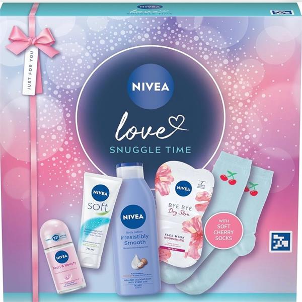 NIVEA Love gift set for her— Love Fun Times Grapefruit shower gel, Gentle Cream Wash, Irresistibly Smooth lotion, Soft Cream, Pearl & Beauty roll-on and Soft Rose lip balm.