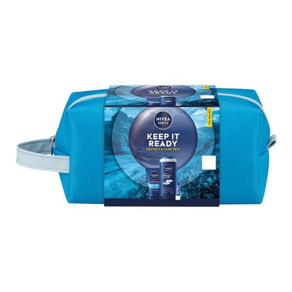 Nivea Men Protect & Care Trio gift set with wash bag — 250ml shower gel, 100ml face wash and lip balm.