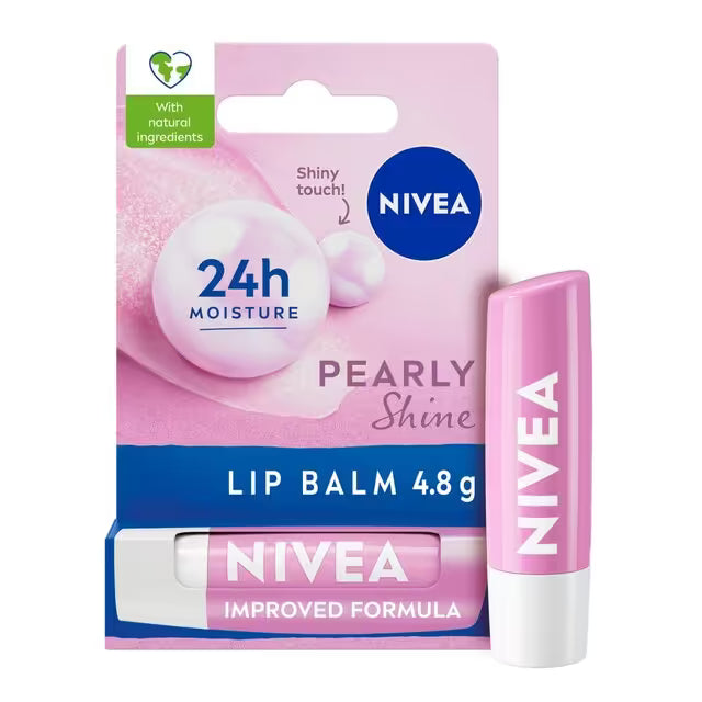 Nivea Pearly Shine lip balm stick with glossy pearlescent finish