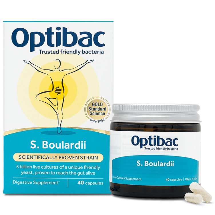 Optibac Boulardii box and jar – 40 capsules probiotic supplement with Saccharomyces boulardi