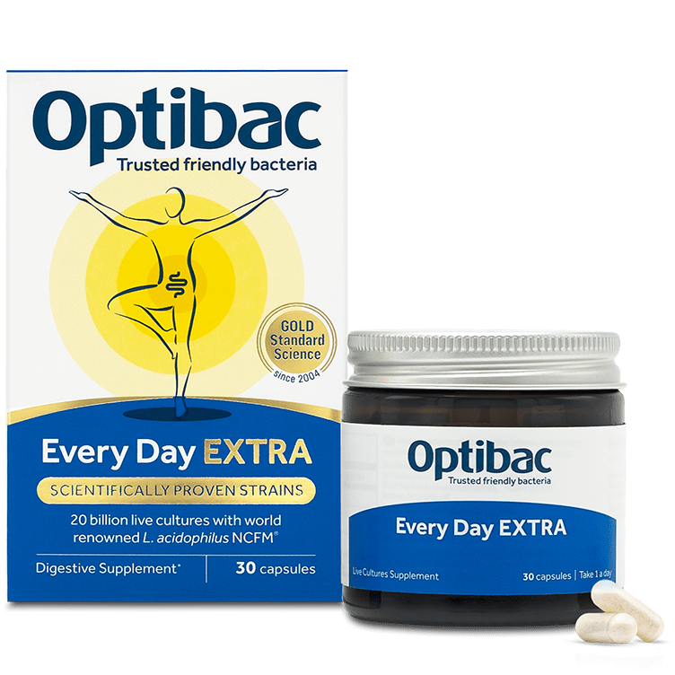 Optibac Every Day EXTRA 30 capsules jar and box with scientifically proven live cultures.