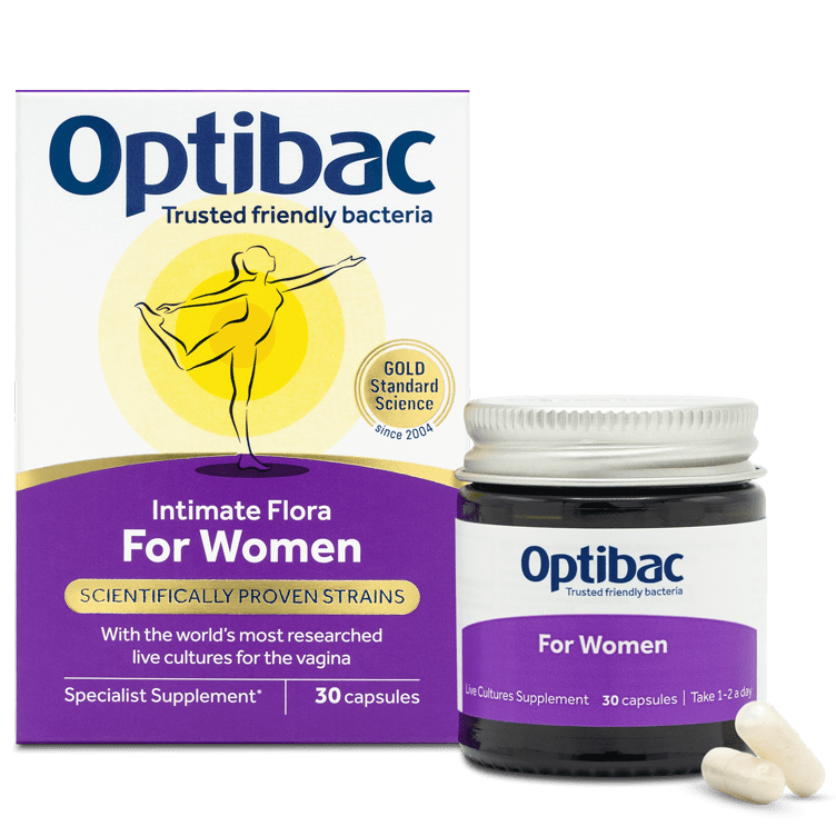 Optibac For Women probiotic supplement box and jar – 30 capsules