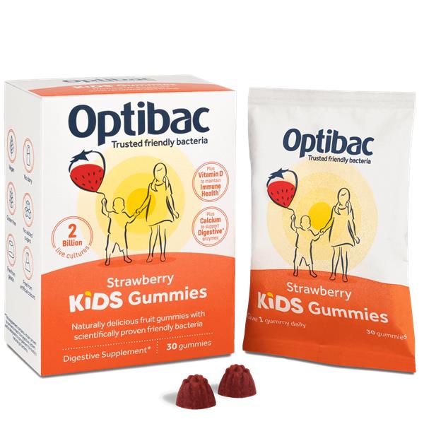 Side view of Optibac Kids Probiotic Gummies Strawberry supplement box and gummies