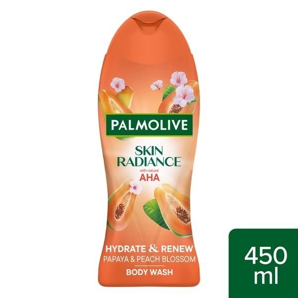 Palmolive Skin Radiance Hydrate & Renew Papaya and Peach Blossom Body Wash 450ml bottle front with AHA exfoliating formula
