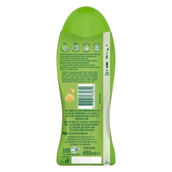 Palmolive Skin Radiance Avocado & Honey Body Wash 450ml bottle back showing ingredients and usage