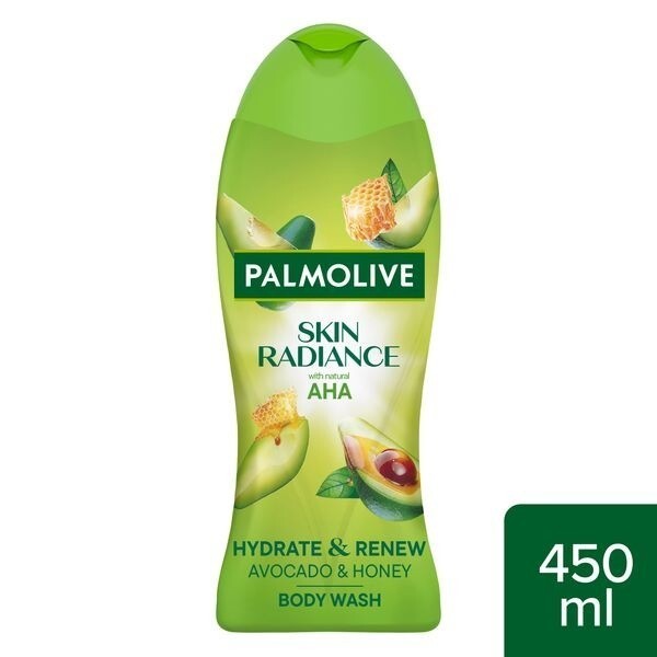 Palmolive Skin Radiance Avocado & Honey Body Wash 450ml bottle front with AHA exfoliating formula