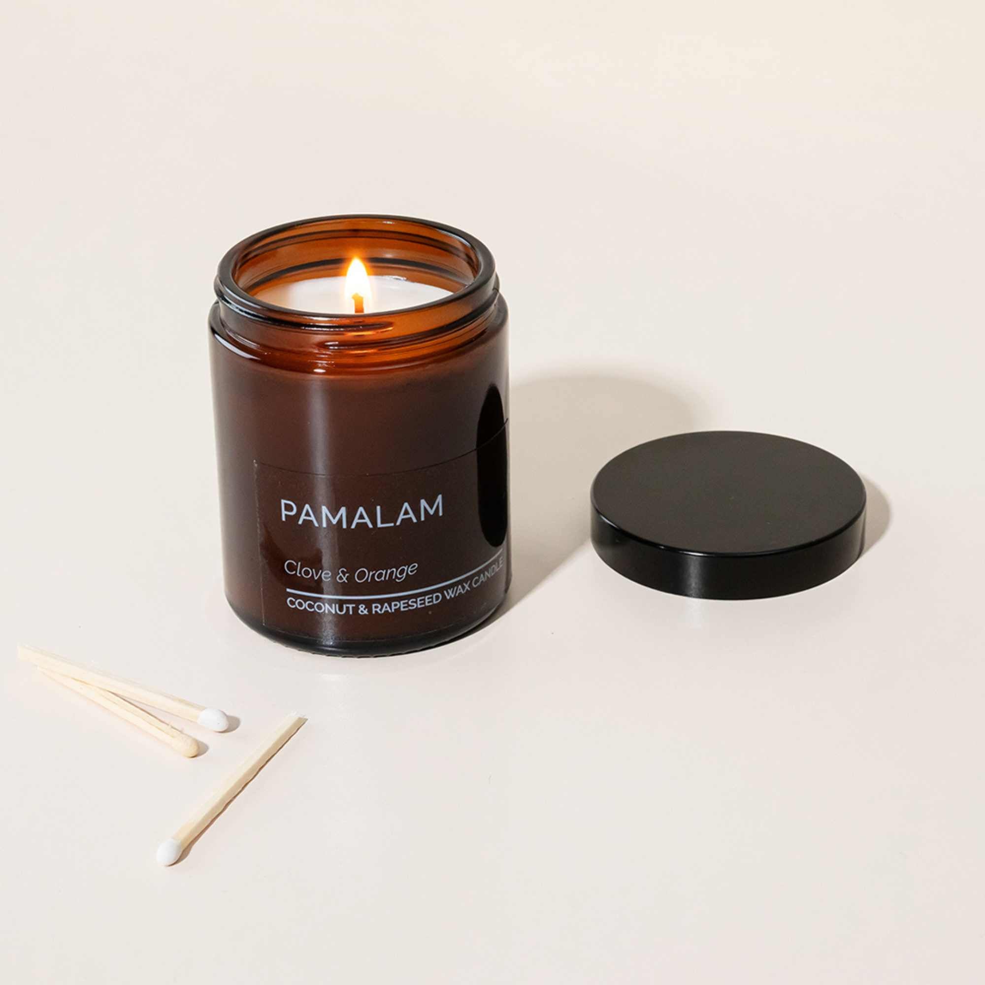 Pamalam Clove & Orange Candle 180g in amber jar handmade in Ireland