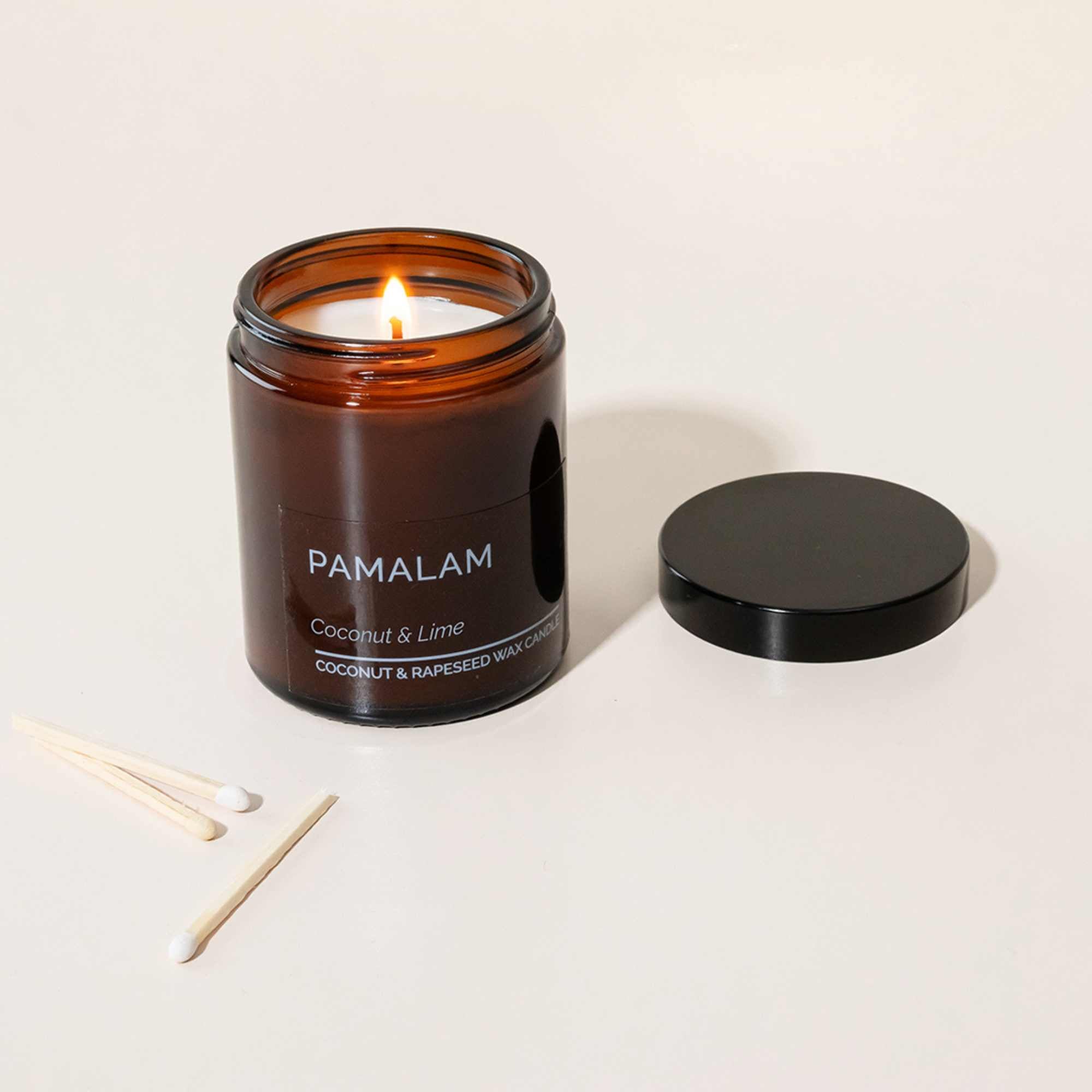 Pamalam Coconut & Lime Candle 180g in amber glass jar handmade in Ireland