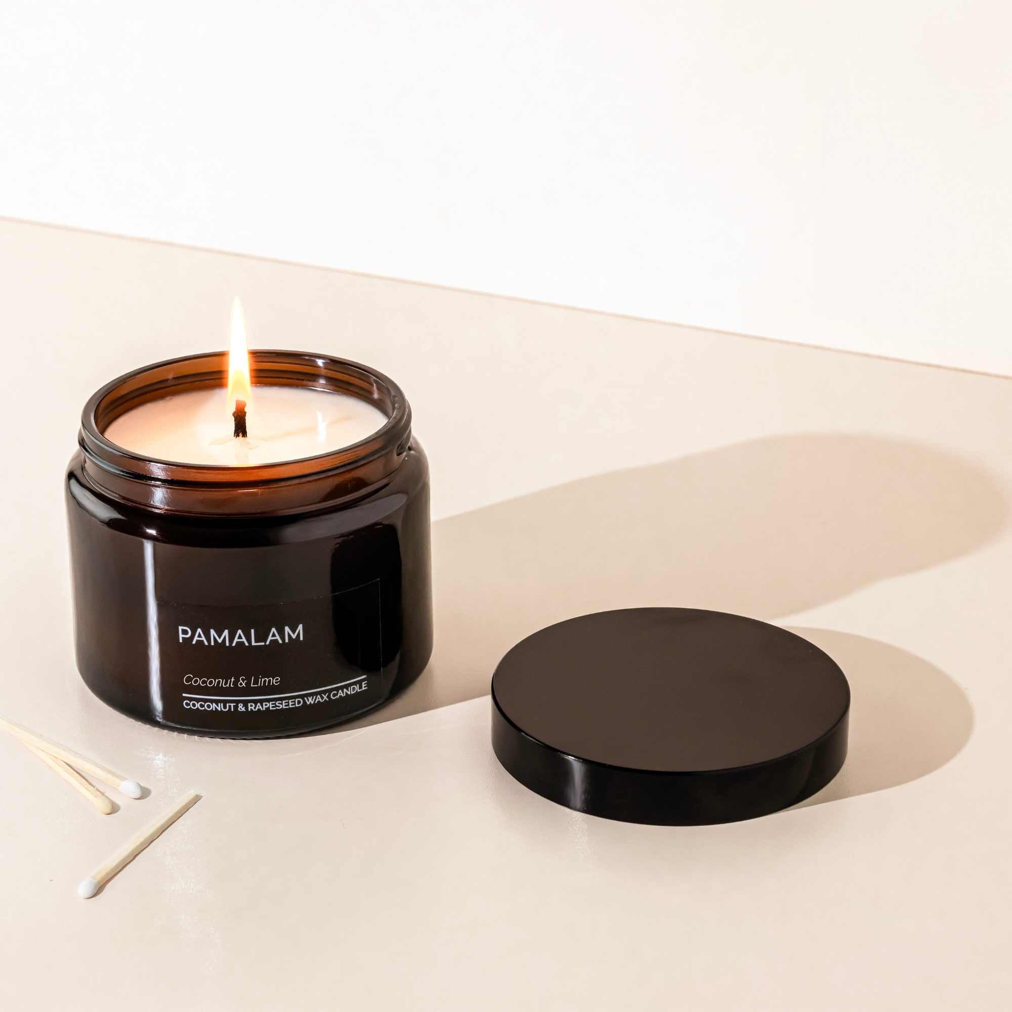Pamalam Coconut & Lime Candle 500g in amber jar handmade in Ireland