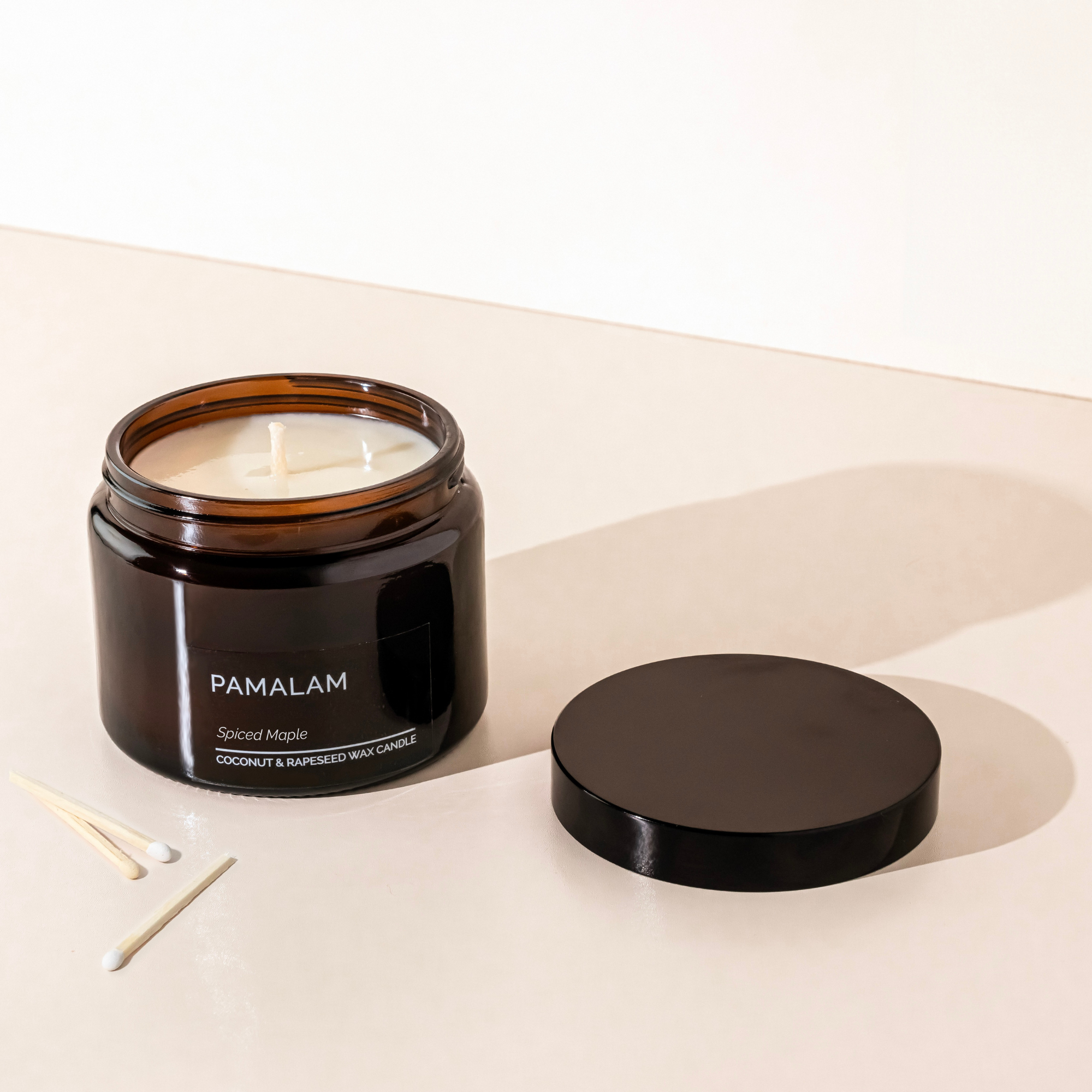 Pamalam Spiced Maple Candle 500g in amber jar handmade in Ireland