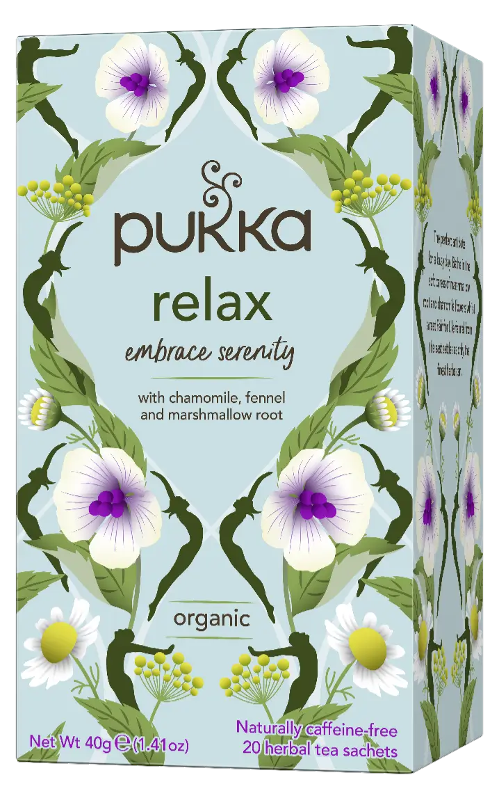 Pukka Organic Relax Herbal Tea – 20 sachet caffeine-free tea box