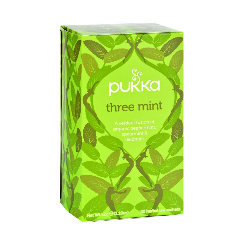 Pukka Three Mint Organic Herbal Tea box – 20 sachets of caffeine-free mint tea for digestion