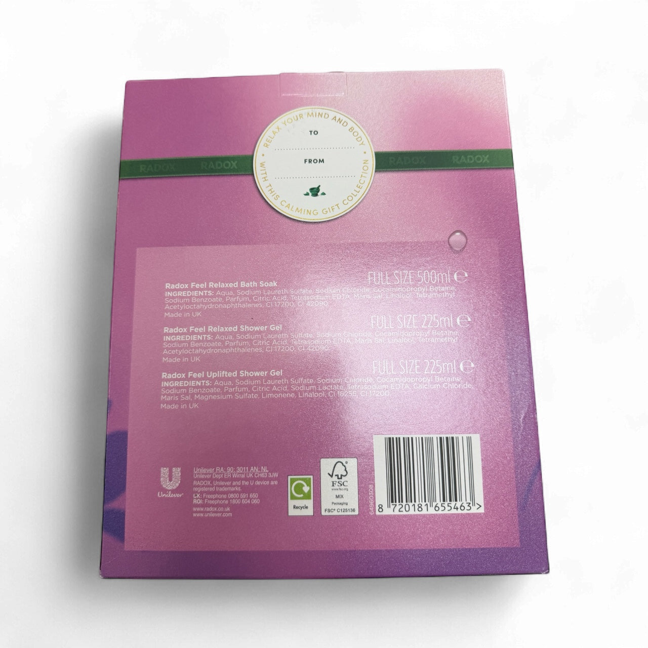 Back of Radox Relaxation gift set showing contents and to/from label