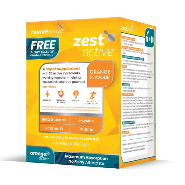 Revive Zest Active 30-day supply with free Omega Active 7-day trial box front