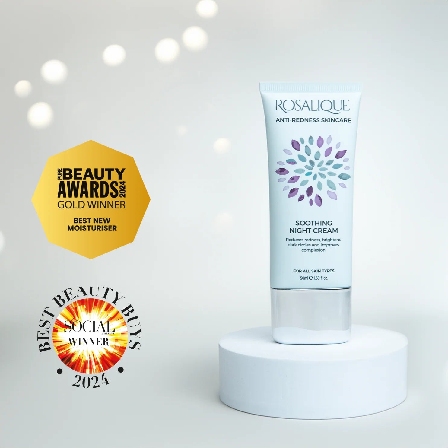Rosalique Soothing Anti-Redness Night Cream with beauty award badge