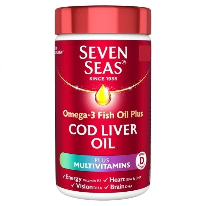 Seven Seas omega-3 EPA & DHA capsules with vitamin B3 for heart & energy support
