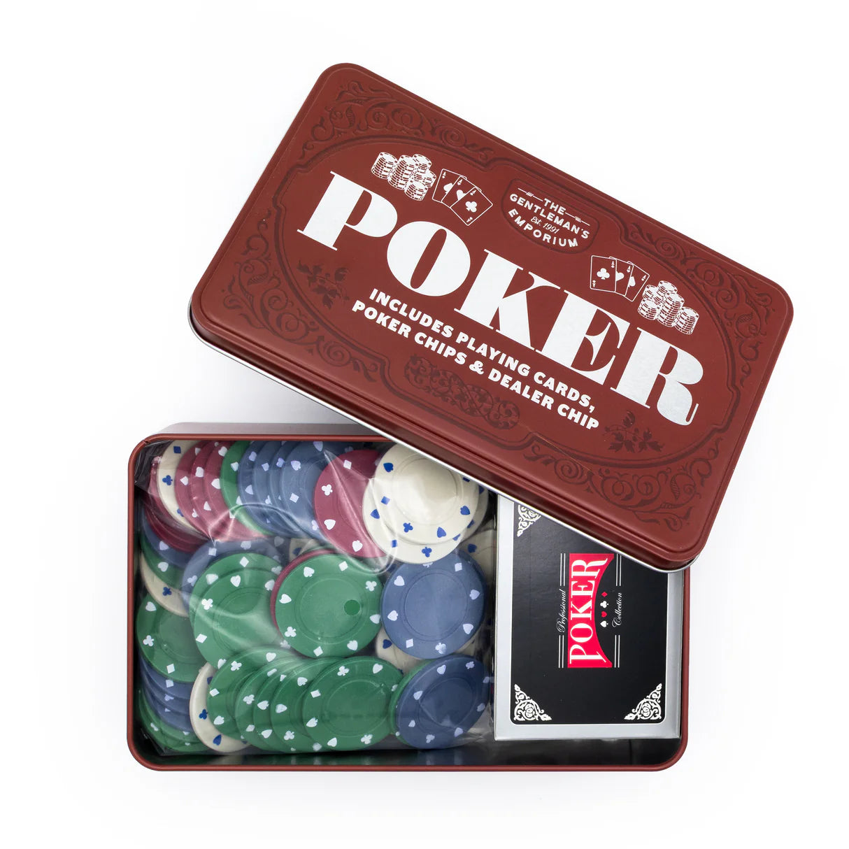 Open vintage poker tin gift set filled with stacked green, blue and red poker chips