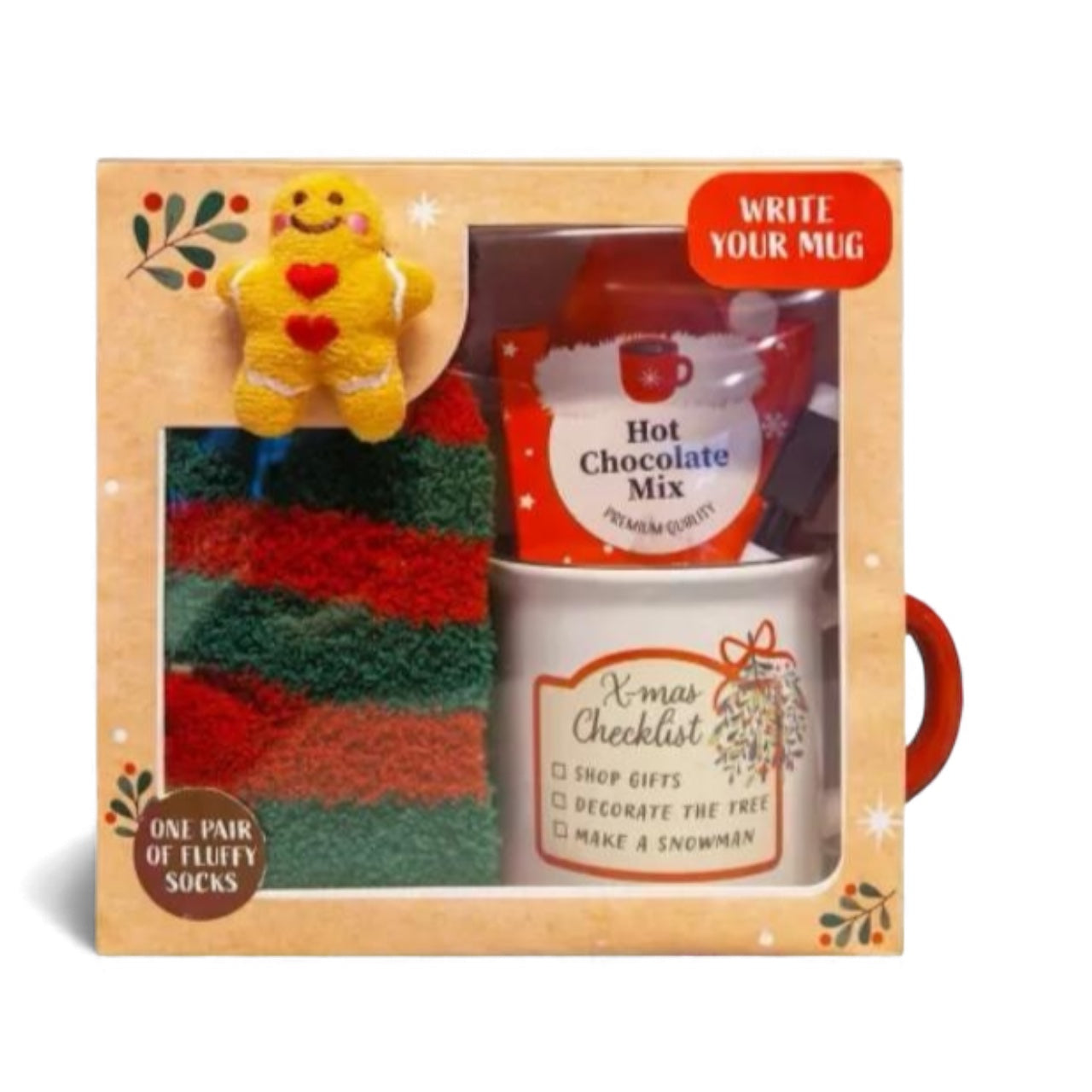 Christmas mug gift set with marker and gingerbread socks in festive box