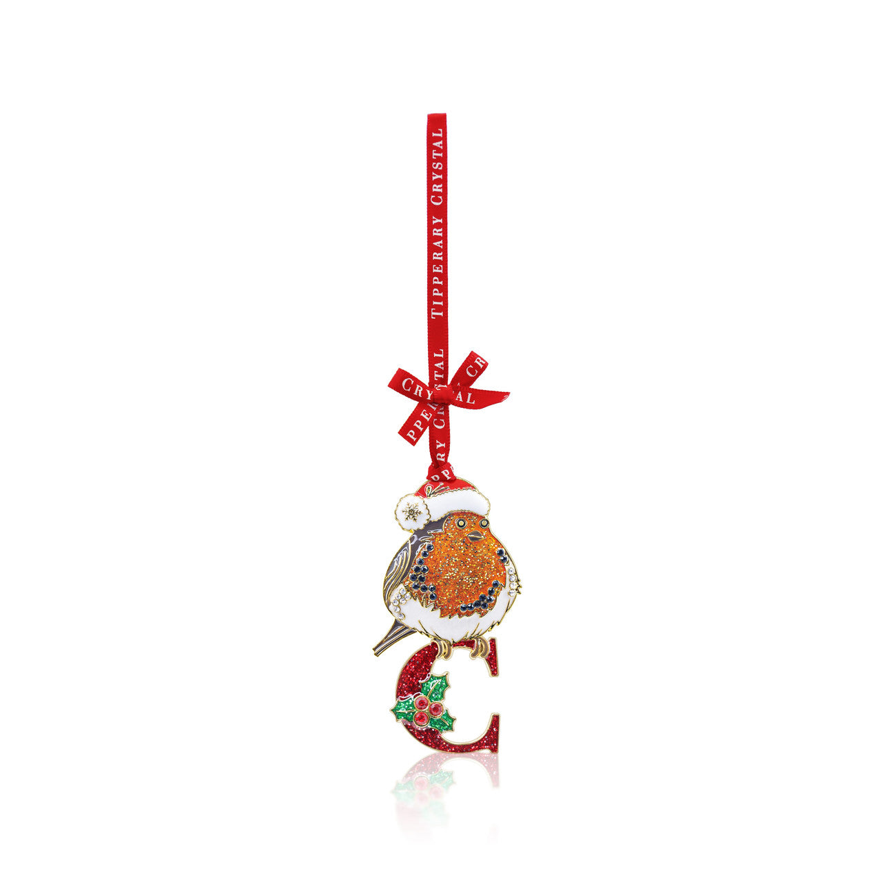 Tipperary Crystal robin initial ornament perched on red letter C with ribbon