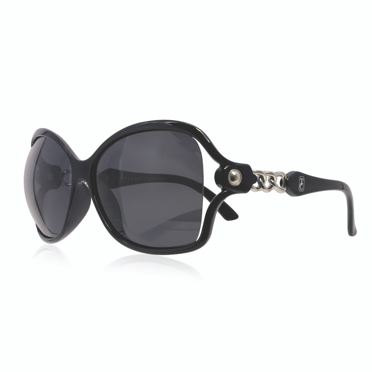 Tipperary Crystal Antibes black oversized sunglasses with silver chain detail
