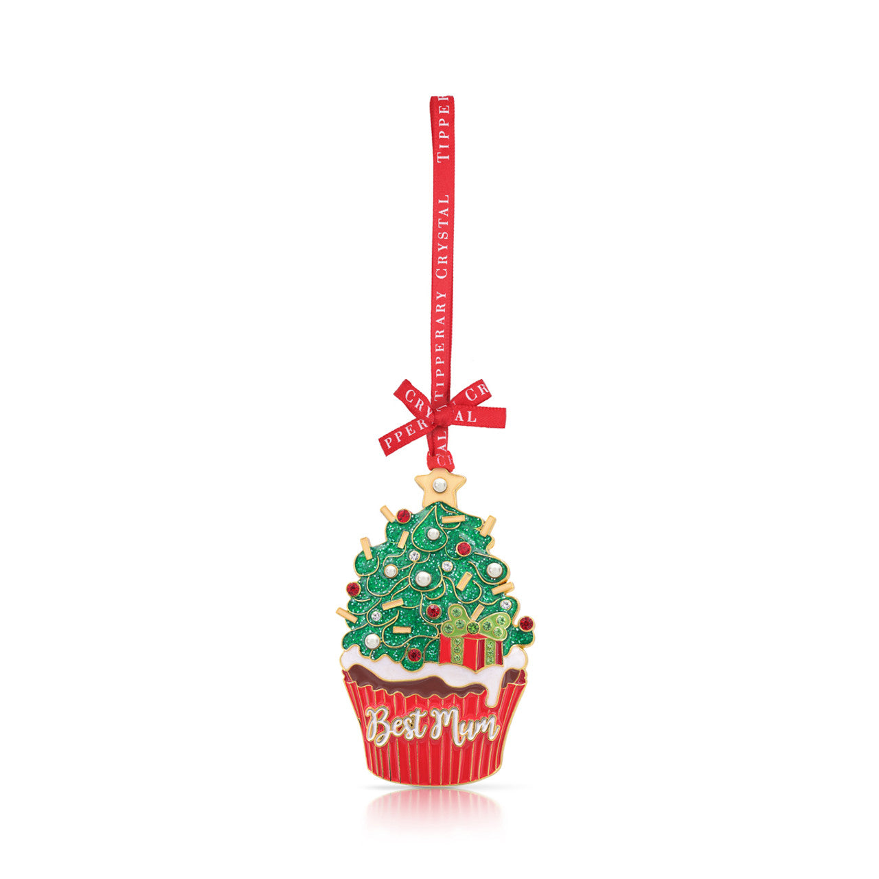 Tipperary Crystal Best Mum Cupcake ornament — gem-studded cupcake with Christmas tree topper and red ribbon.