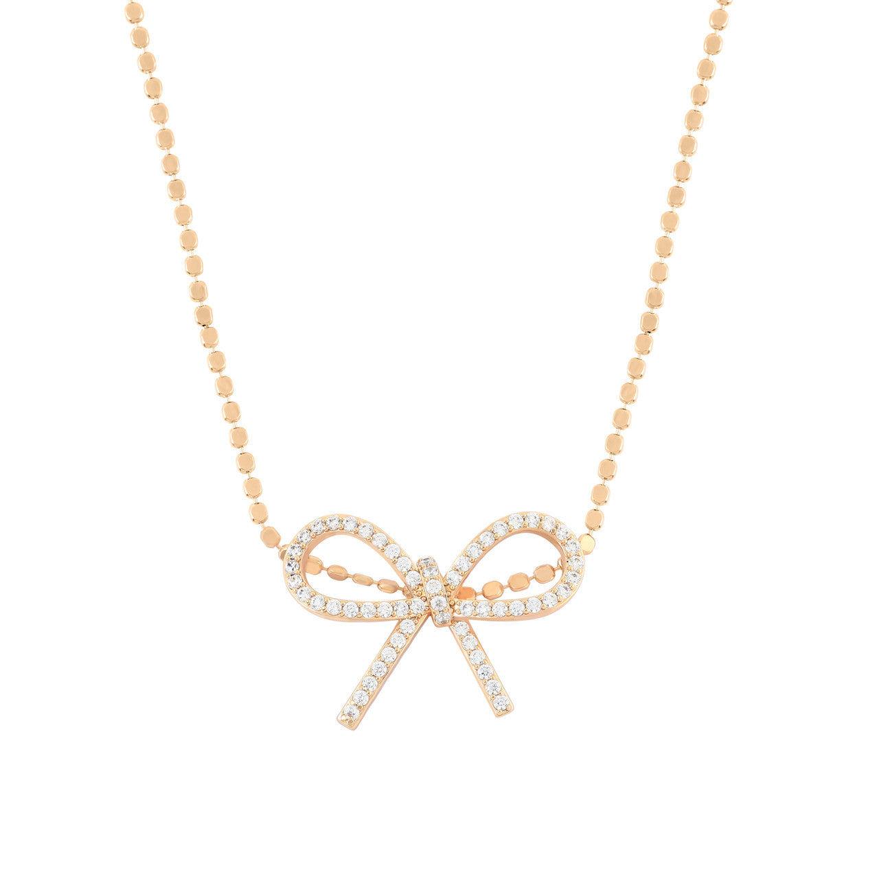 Tipperary Crystal gold bow necklace with crystal detailing on ball chain