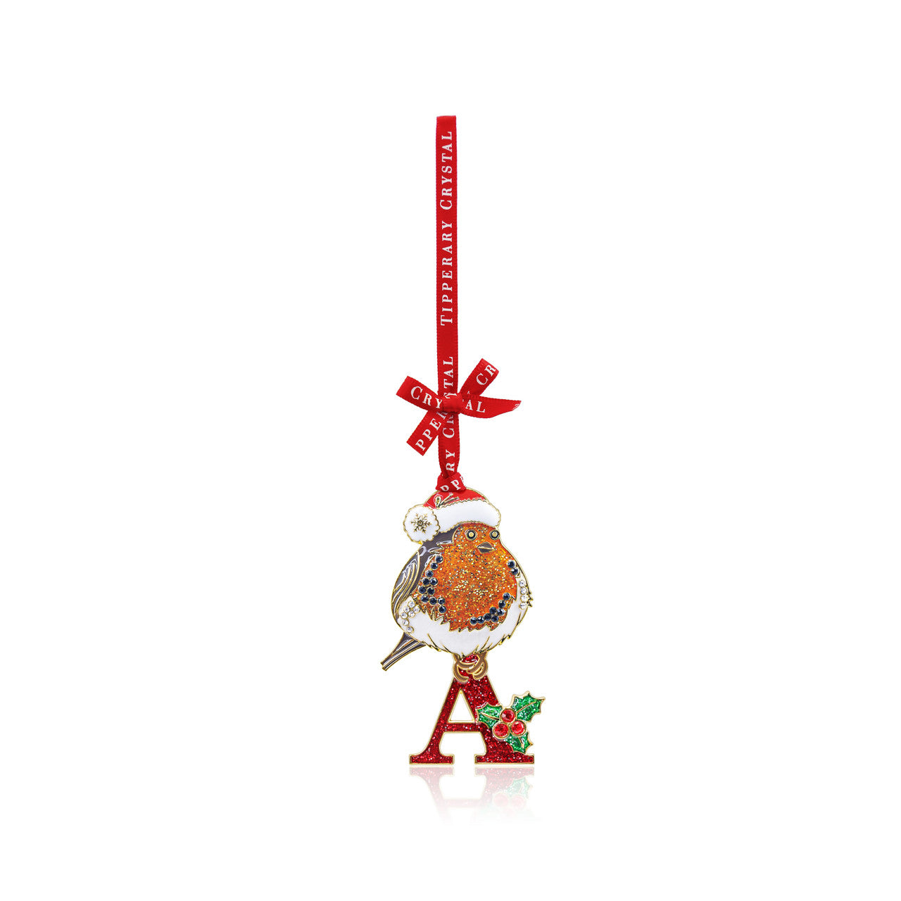 Tipperary Crystal Robin Initial A ornament — gem-studded robin on glitter letter A with holly and red ribbon.