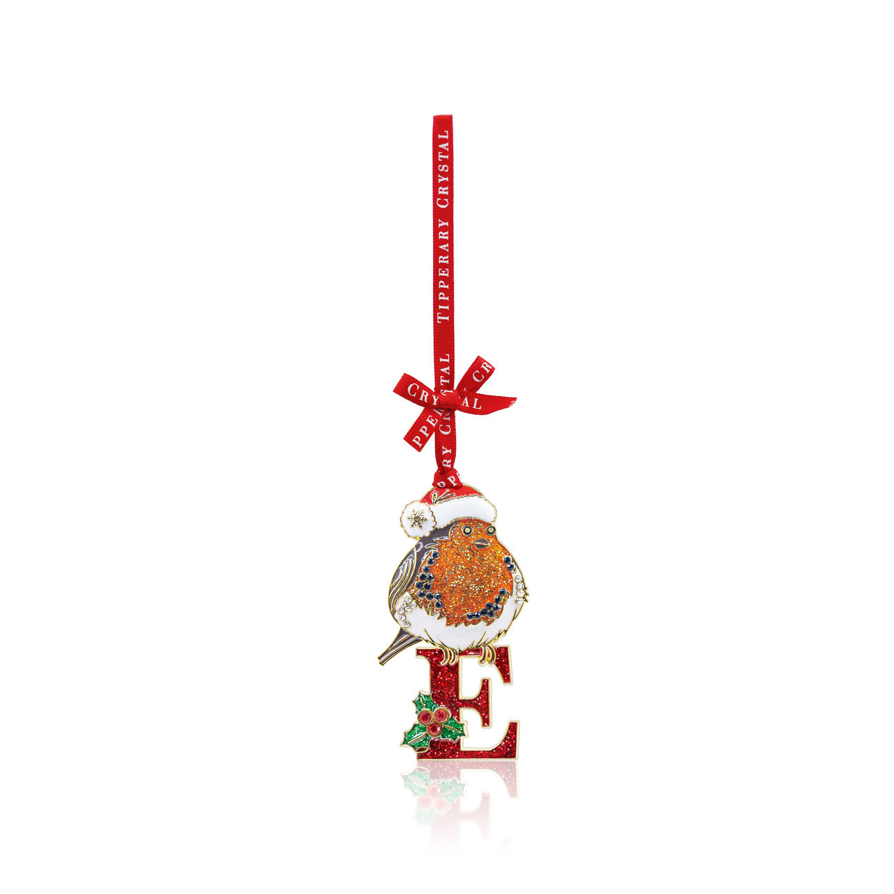 Tipperary Crystal Robin Initial E ornament — gem-studded robin on glitter letter E with holly and red ribbon.