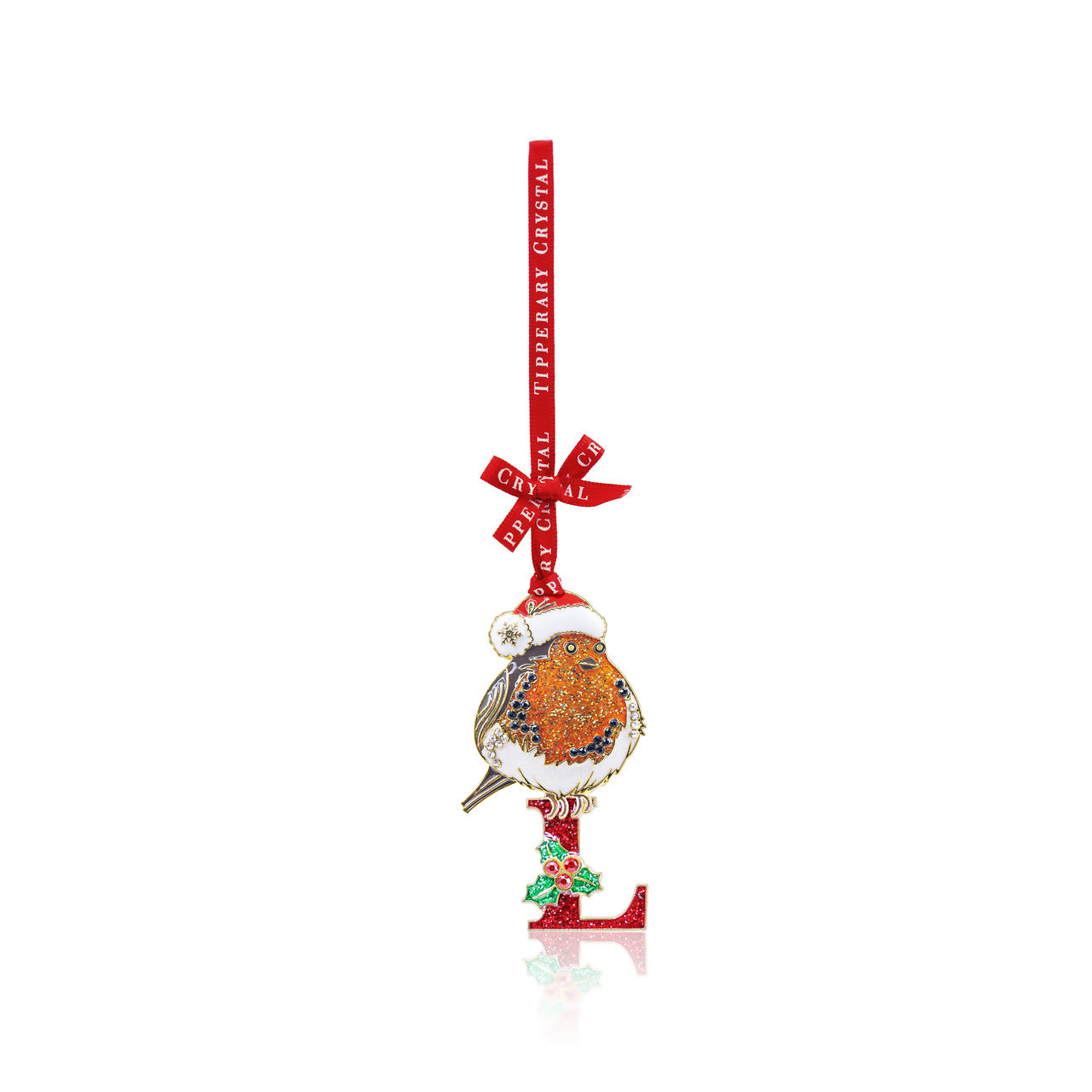 Christmas robin decoration gift set - Initial L with holly accents by Tipperary Crystal.