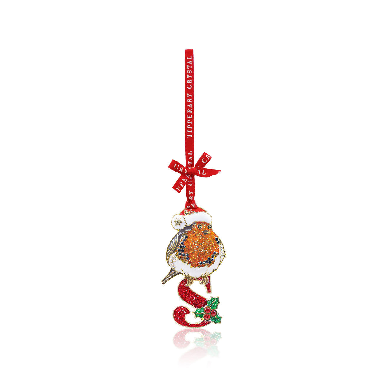 Tipperary Crystal robin ornament perched on red glitter Initial S with holly and red ribbon.