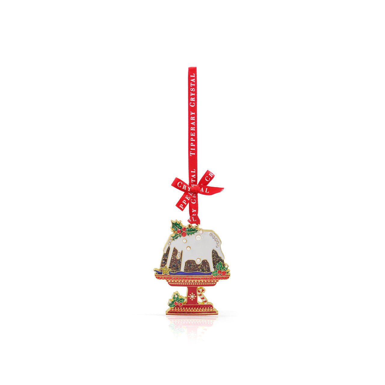 Tipperary Crystal Christmas pudding tree ornament on red ribbon showing icing and holly.