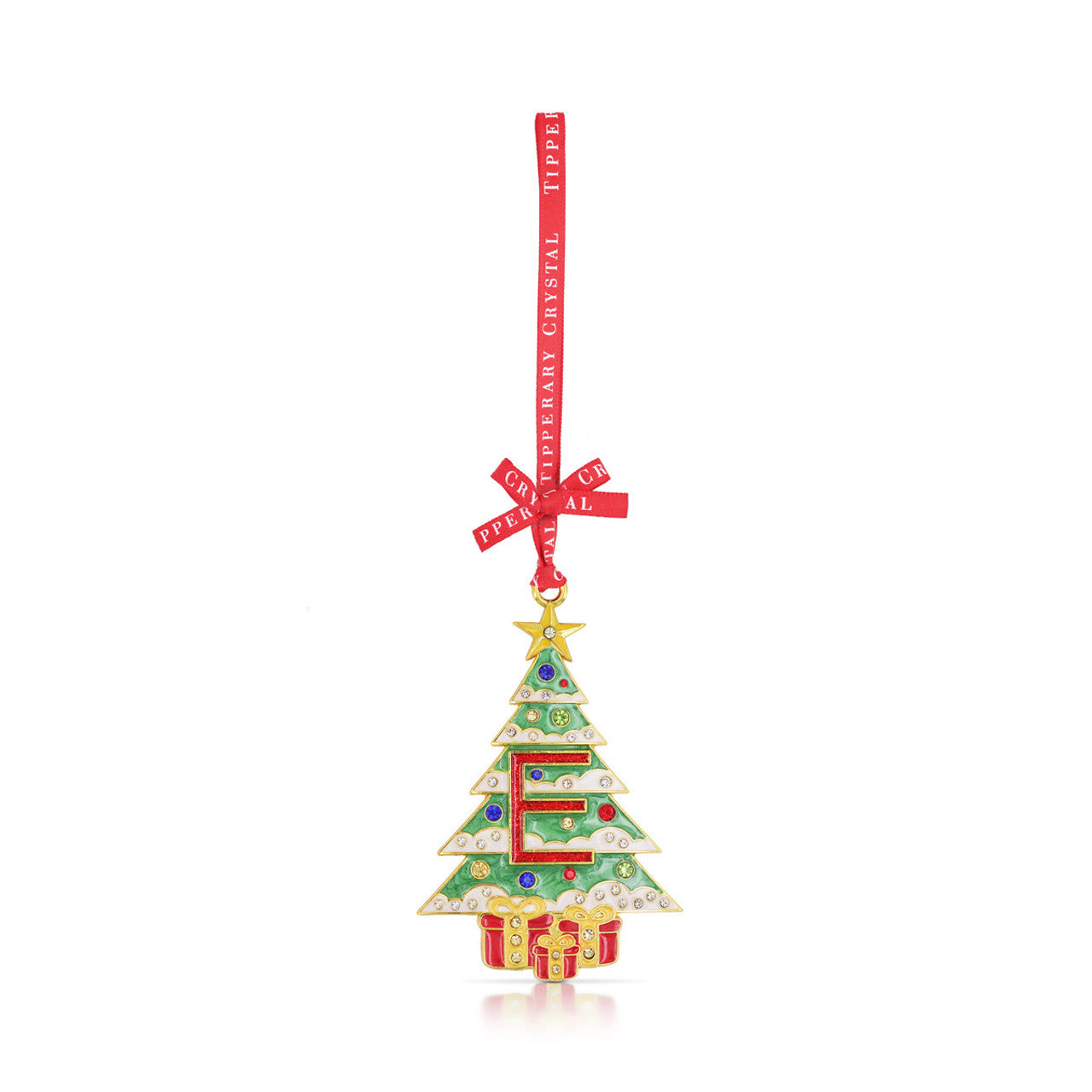 Initial E Christmas Tree decoration by Tipperary Crystal with ribbon