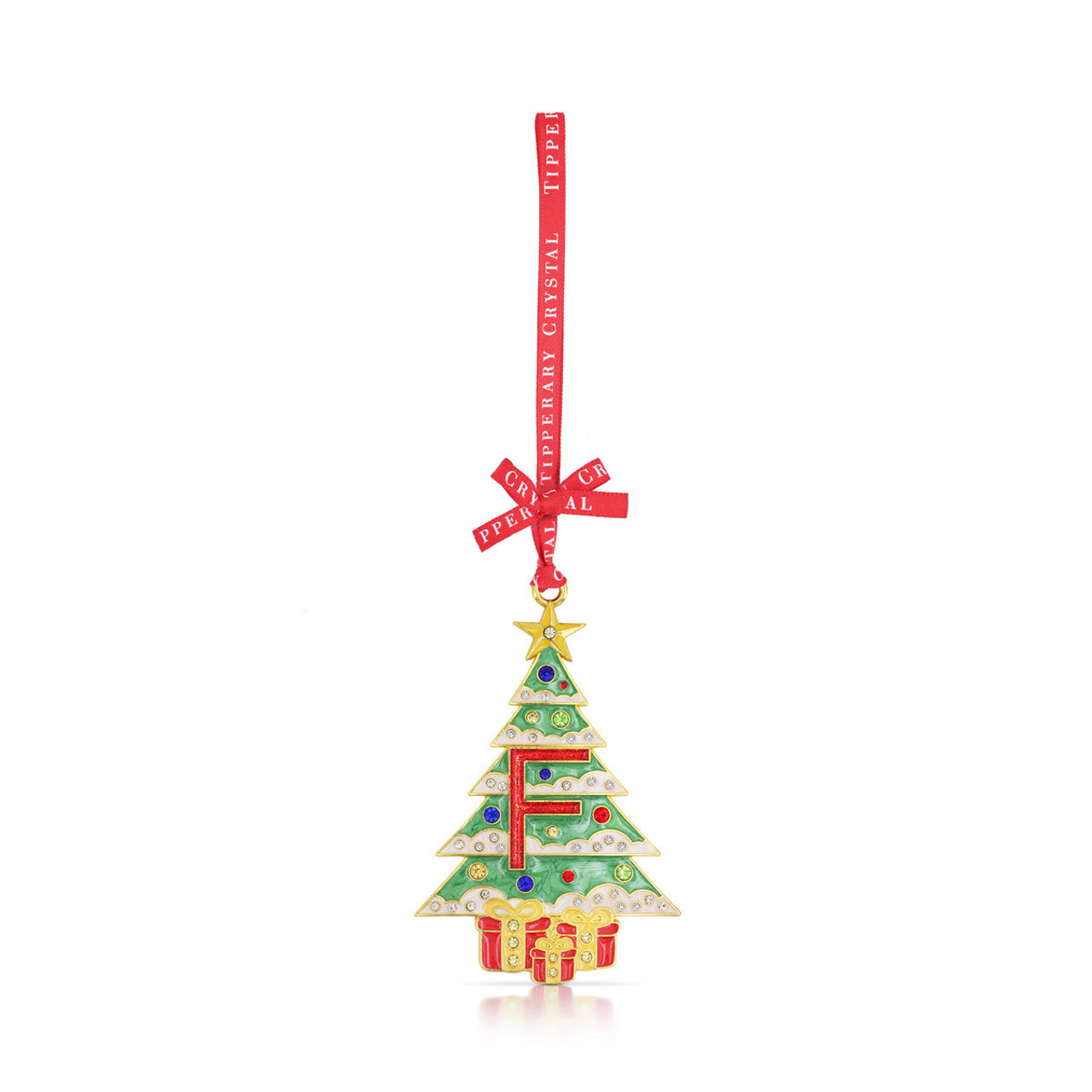 Tipperary Crystal Initial F Christmas Tree decoration with red ribbon