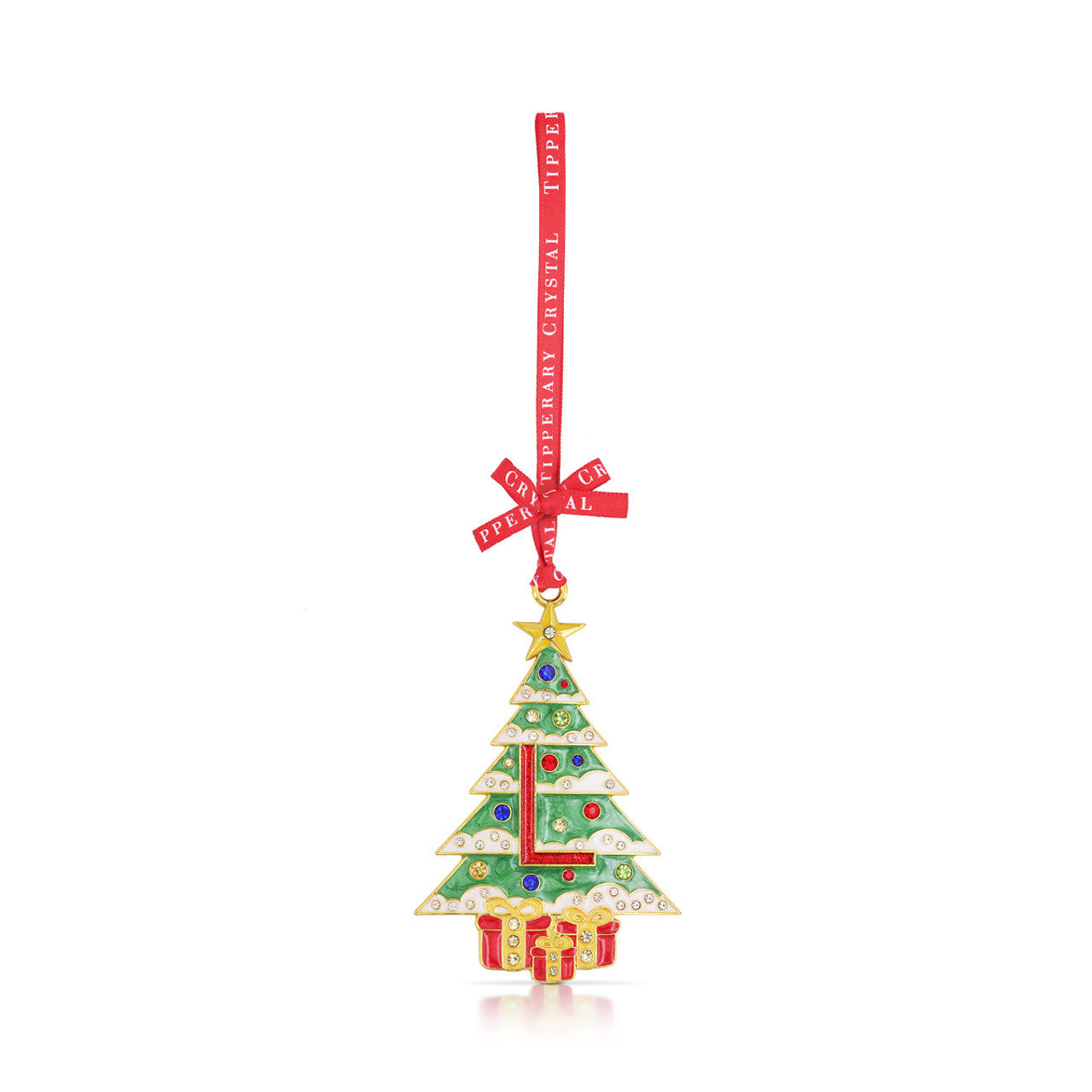 Initial L Christmas Tree decoration with glitter and red ribbon