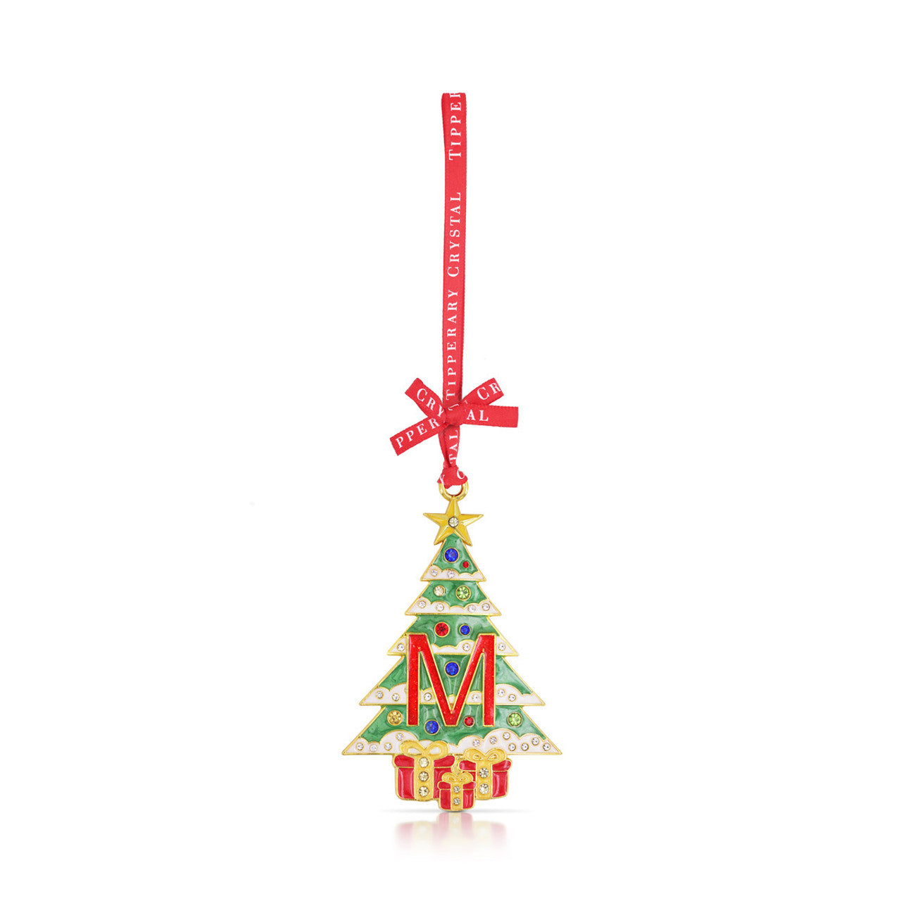 Tipperary Crystal Initial M Christmas Tree ornament on red ribbon