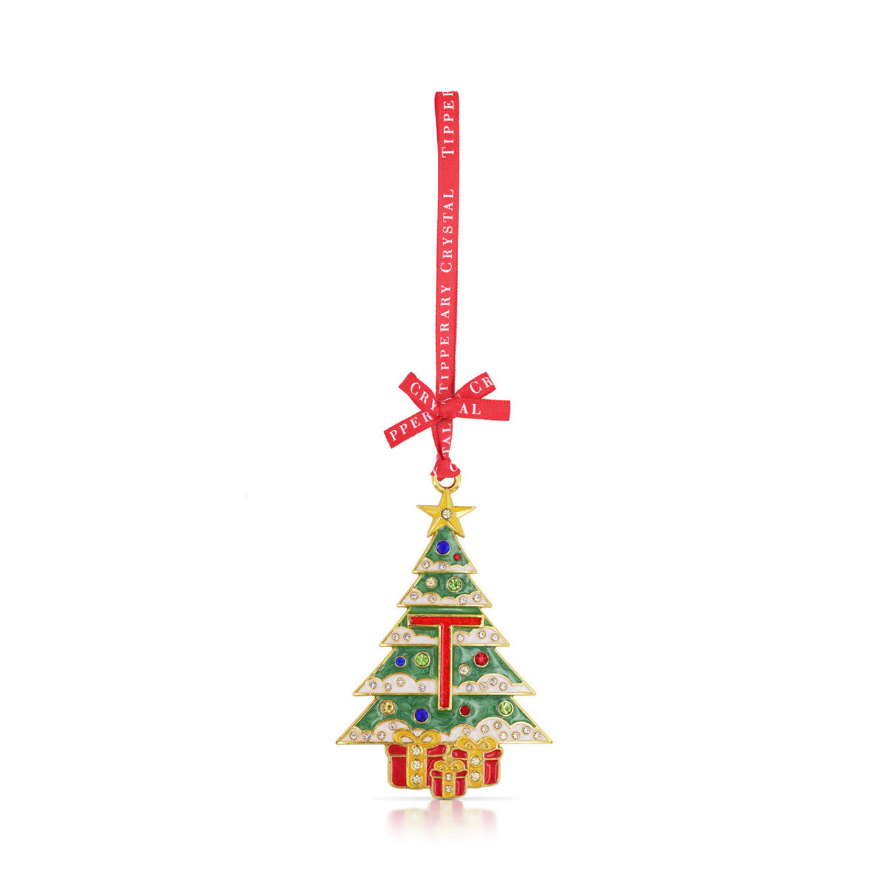 Tipperary Crystal Christmas Tree Initial T decoration with branded red ribbon