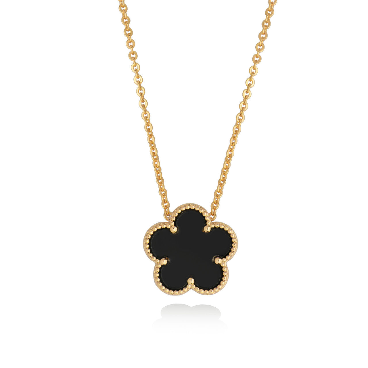 Yellow gold plated black flower pendant necklace on adjustable chain by Tipperary Crystal