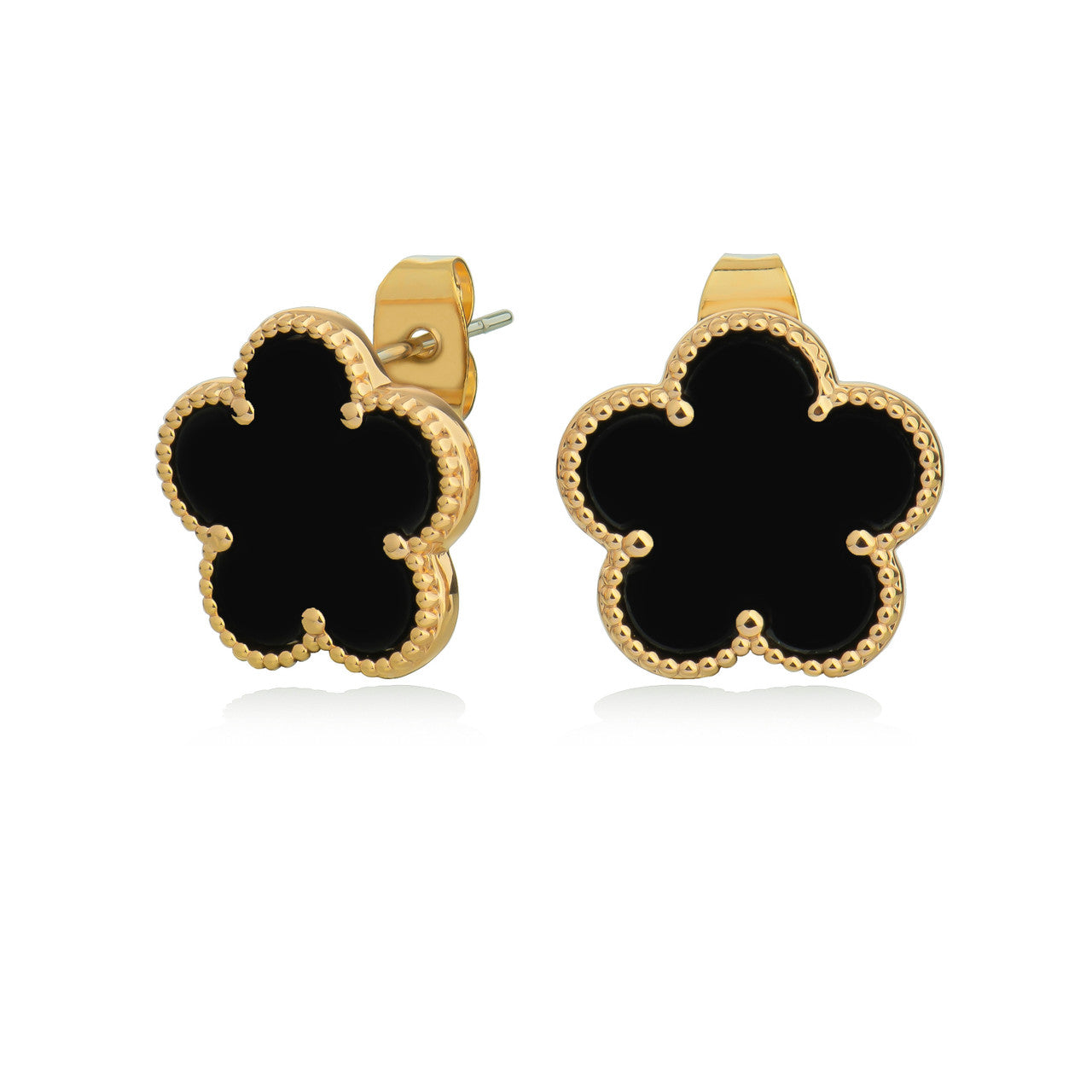 Tipperary Crystal Le Fleur yellow-gold plated earrings with black enamel and crystal mop detail